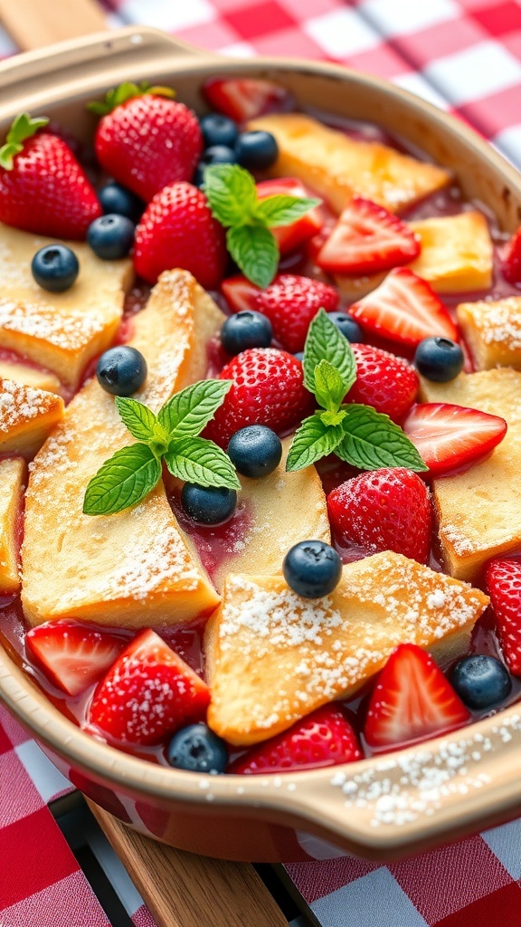 Patriotic 4th of July Bread Pudding Patriotic bread pudding with strawberries and blueberries, dusted with powdered sugar, on a picnic table.